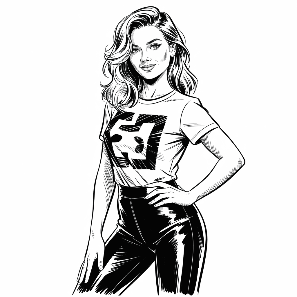 AI generated: Black and white ink sketch of a gorgeous blonde woman, slightly-wavy long hair, bold black eyeliner,...