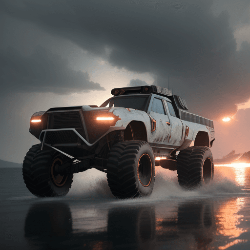 AI generated: Photo of a ultra realistic radical super truck prototipo of futur in combat on lake, dramatic light,...