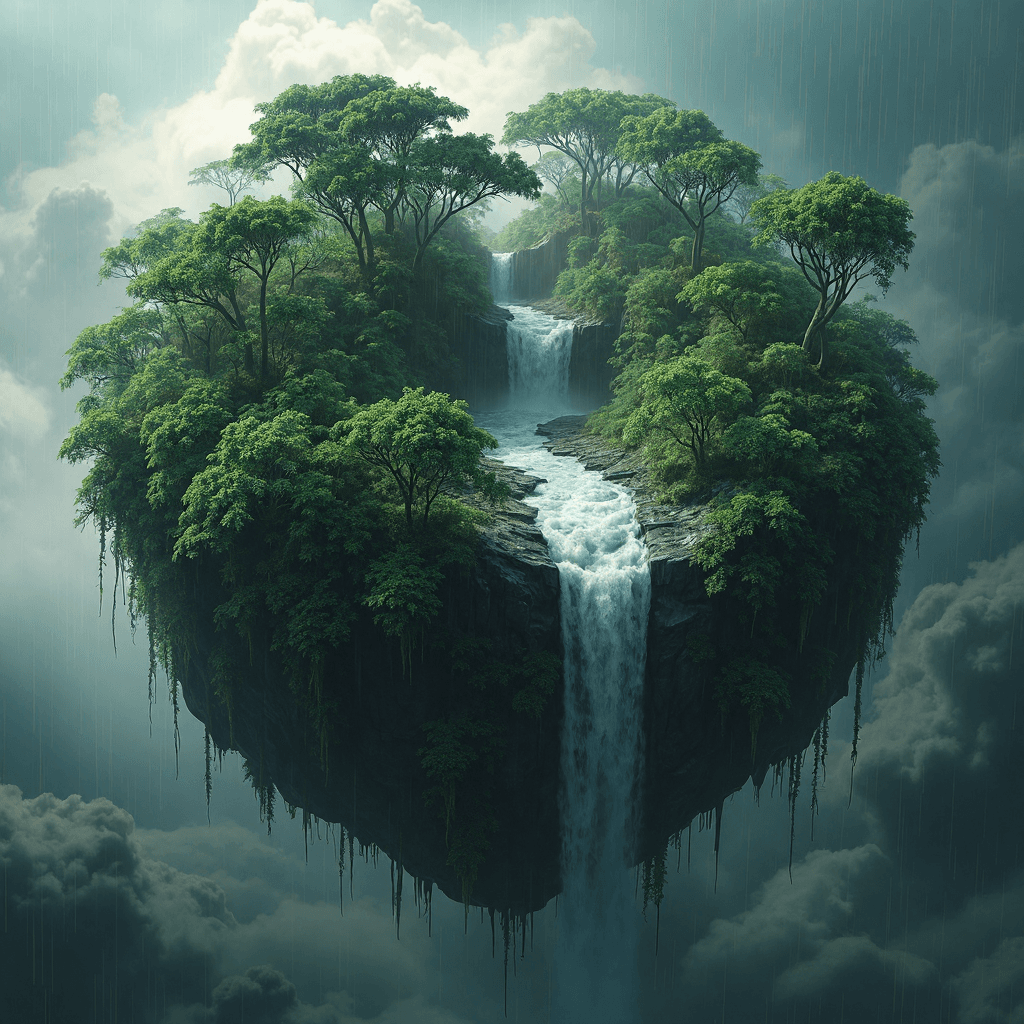 AI generated: A floating microplanet reveals a dense jungle, its surface overgrown with thick vines and towering t...