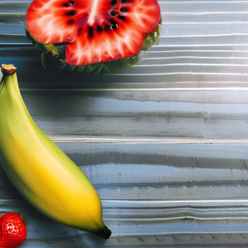 AI generated: High resolution photography of a banana balancing a strawberry and a halved kiwi fruit on top of the...