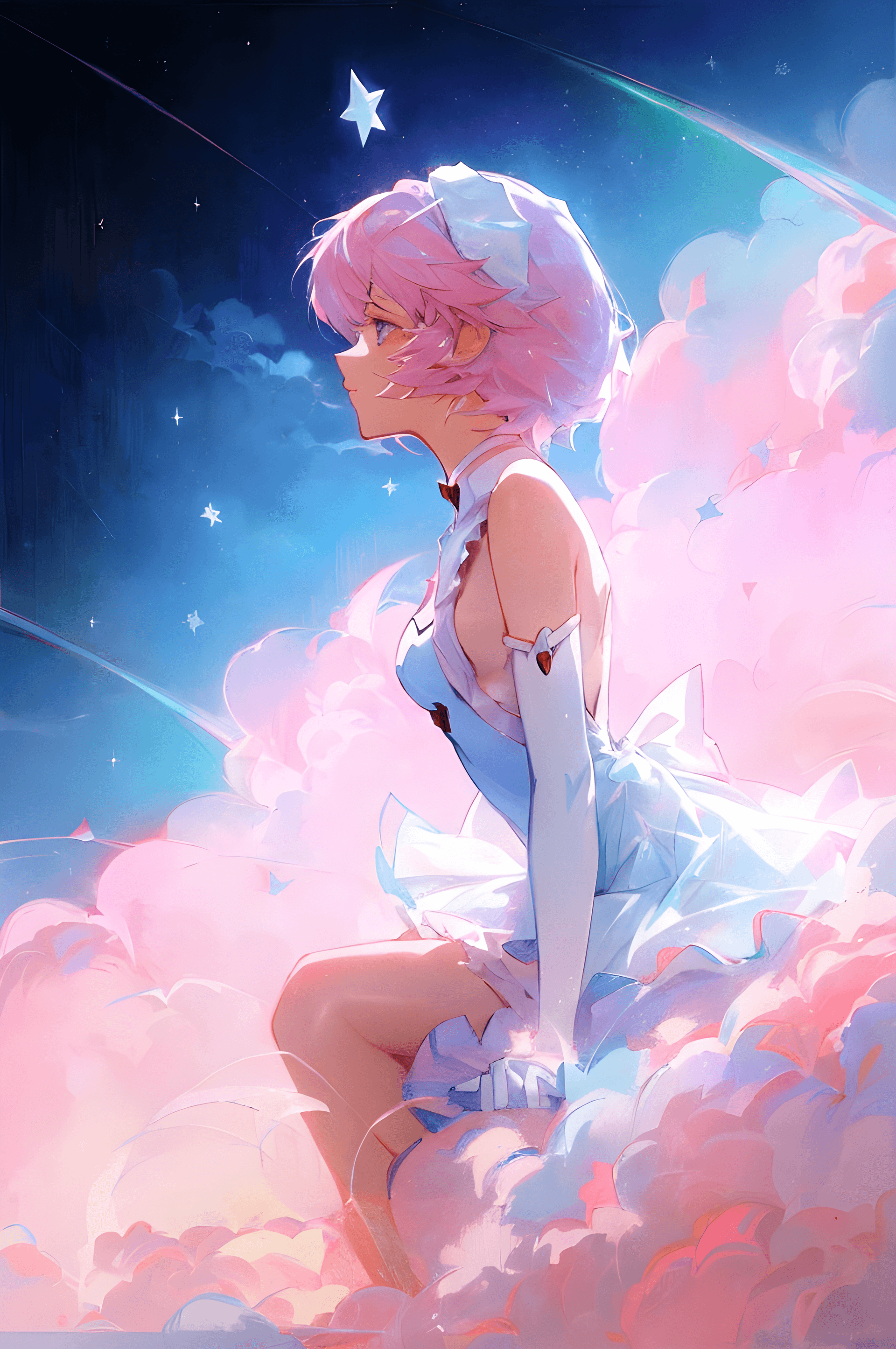 AI generated: a woman sitting on top of a cloud next to a star, an anime drawing, inspired by Ross Tran, digital a...