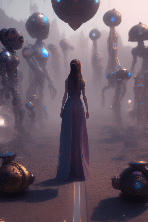 AI generated:  A young sorceress, transported in other world, the land of robots, while looking for her way home, ...