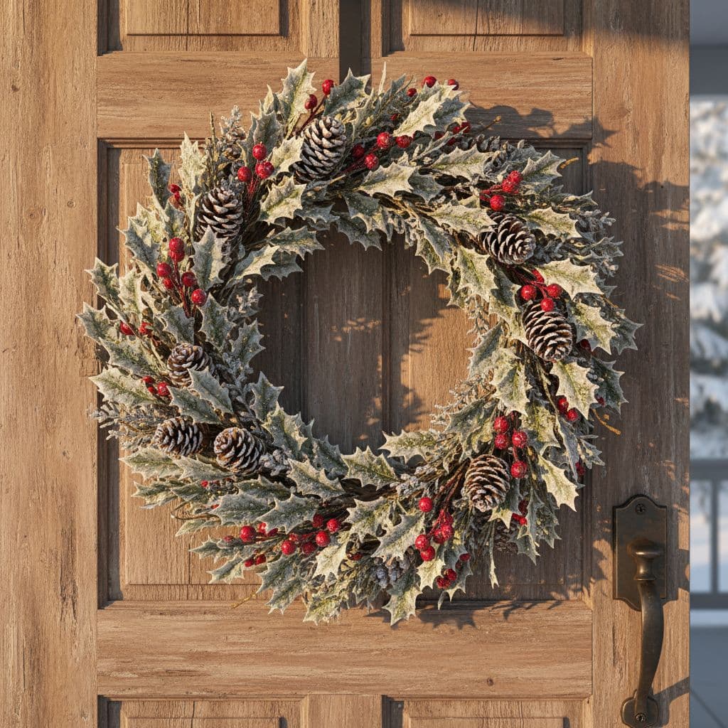 AI generated: "Wreath of frosted holly and pinecones on wooden door, golden hour lighting"