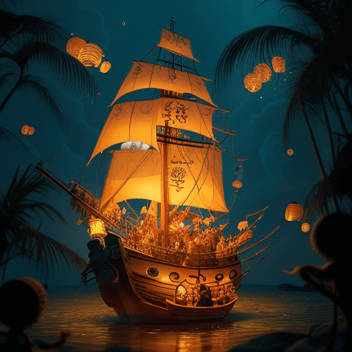 AI generated: Digital 2D, One Piece's Oda style, ultimate detailed, tiny finest details, pirate adventure, magical...