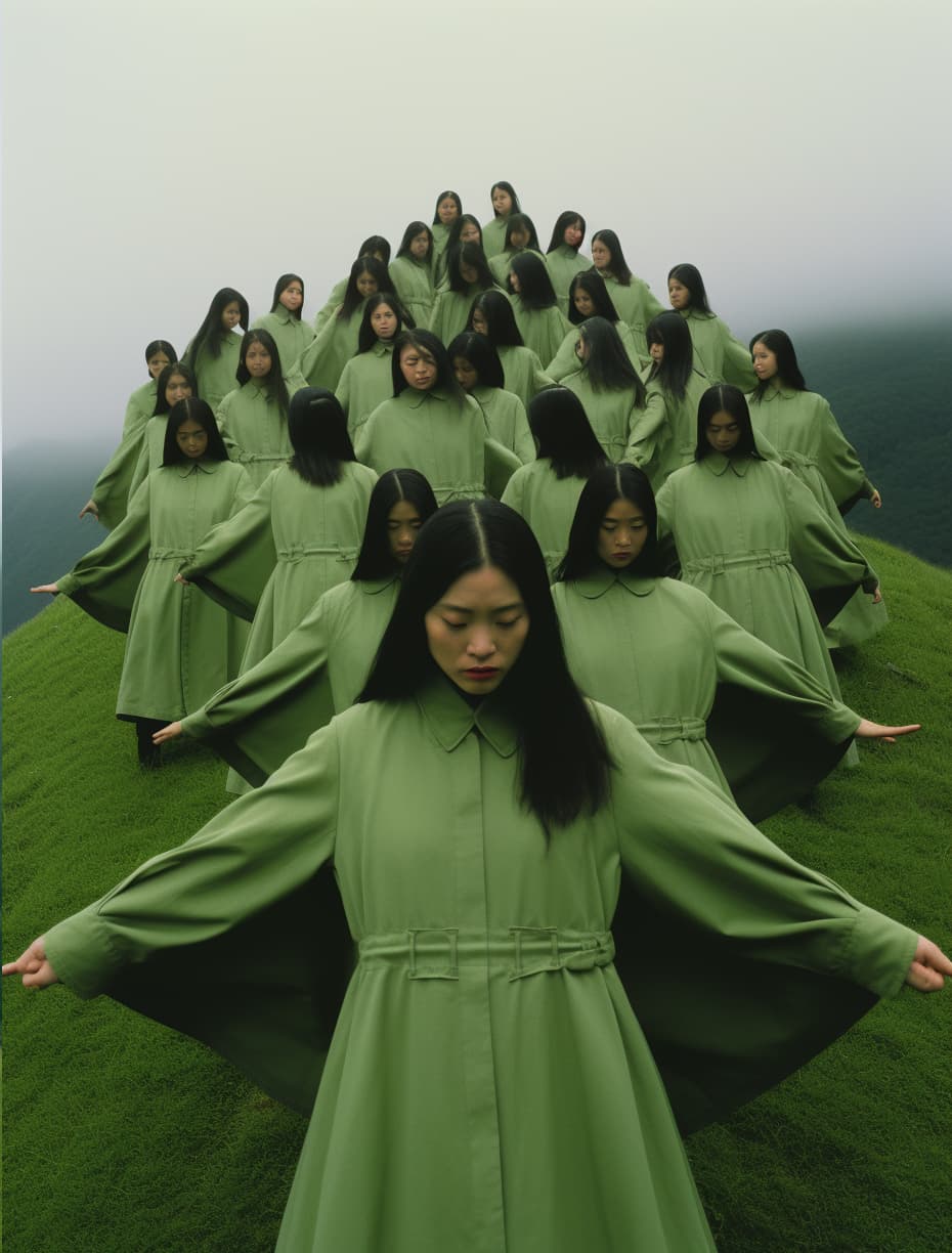 AI generated: a group of women standing on top of a lush green hillside, inspired by Ren Hang, design milk, long b...
