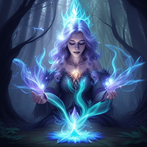 AI generated: A mystical forest witch casting magical glowing spells, dynamic fantasy digital illustration with sp...