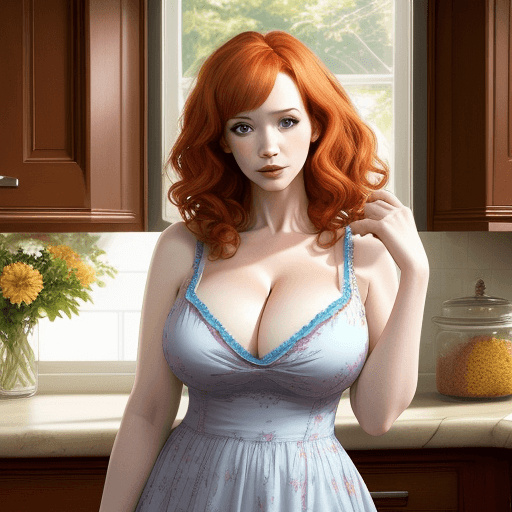 AI generated: hyper realistic photo of actress christina hendricks, sleeveless summer dress, cleavage, in her kitc...