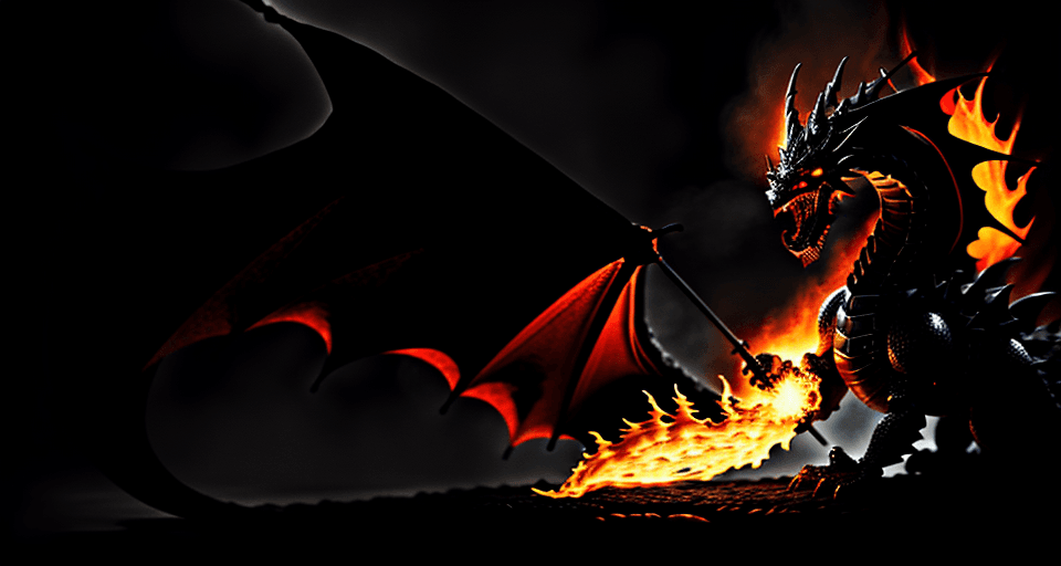 AI generated: black dragon blowing flames at a medieval knight