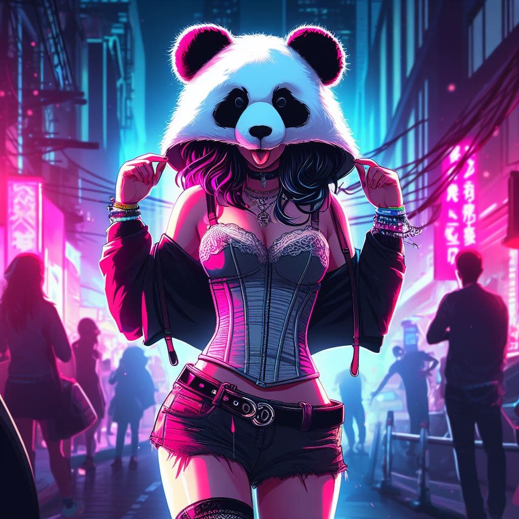 AI generated: a badass girl wearing a panda bonnet, corset and a short, going to a rave party, walking in the stre...