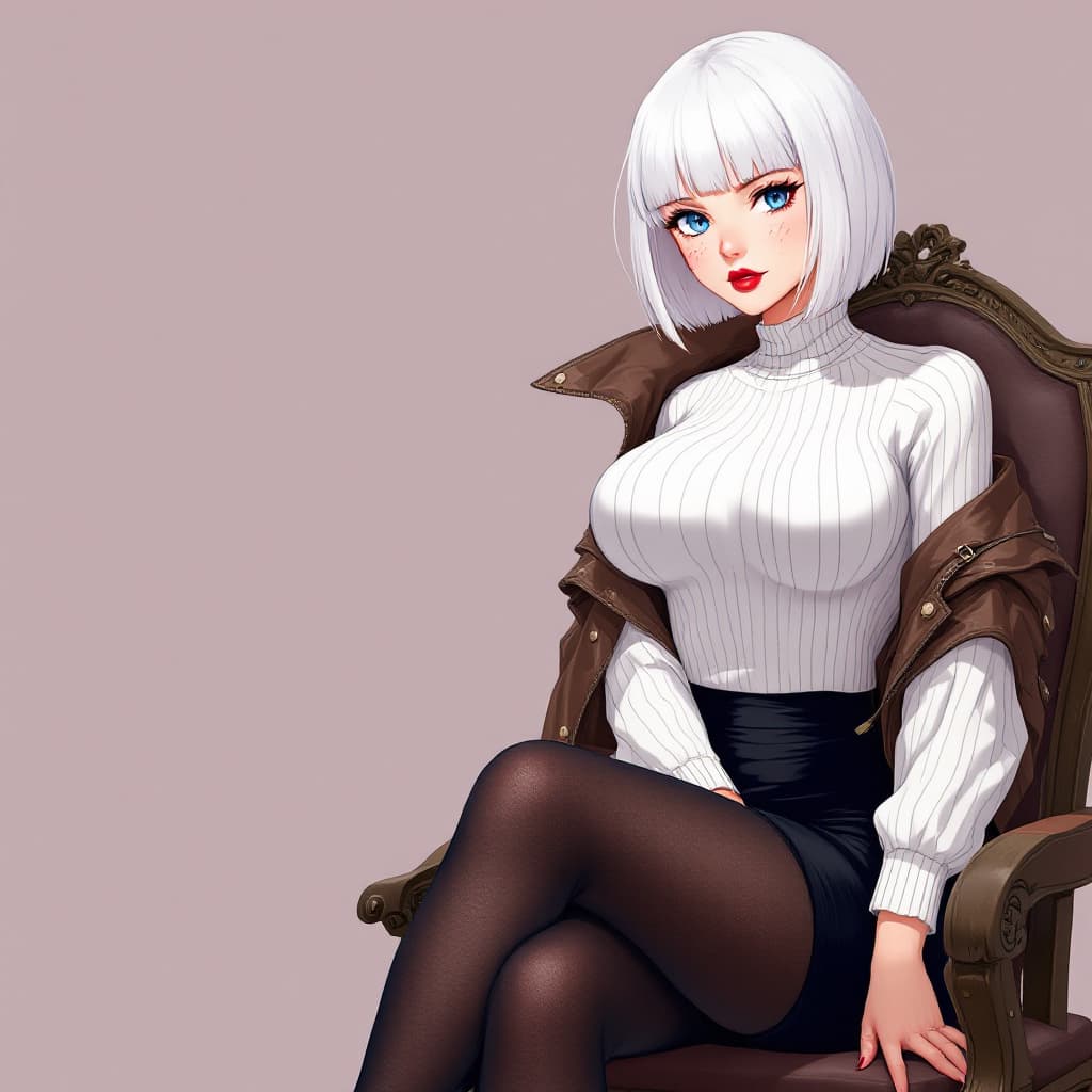 AI generated: anime, woman, white hair, bob cut, blue eyes, freckles, red lips, closed lips, white sweater, tight ...