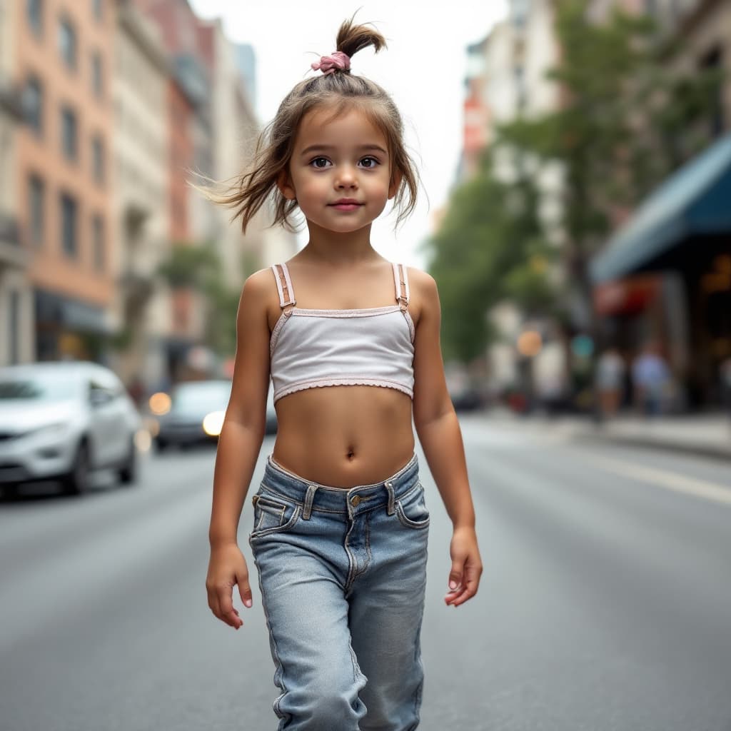 AI generated: Street Style: brave little 6-year-old shy american child walking down a city street, dressed in tren...