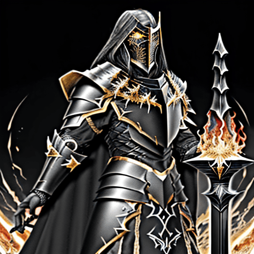 AI generated: Lord of the "Frenzied Flame", "Elden Ring", "black overlapping plate armor edged with gold", "black ...