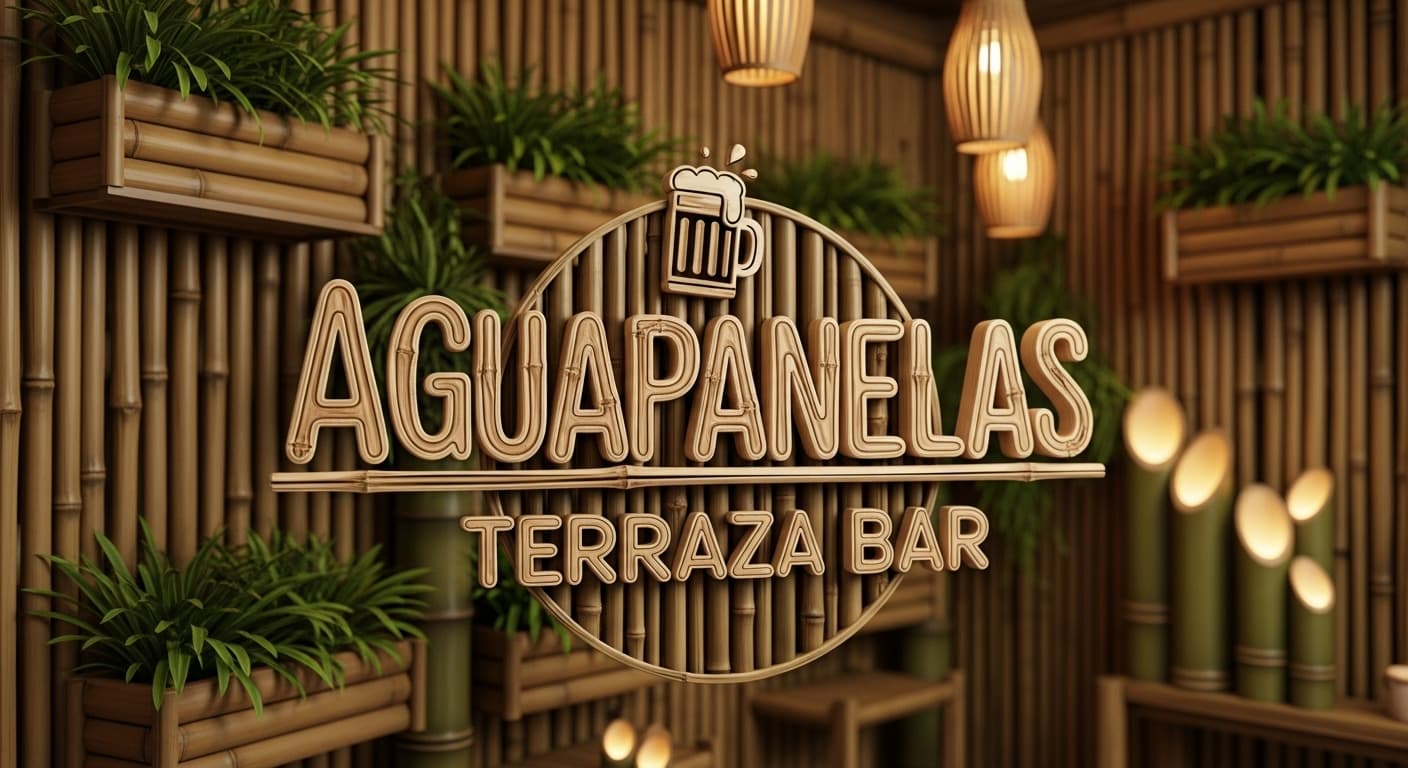 AI generated: You can create a logo in guadua that says Aguapanelas Terraza Bar, something new, 4k, bamboo decorat...