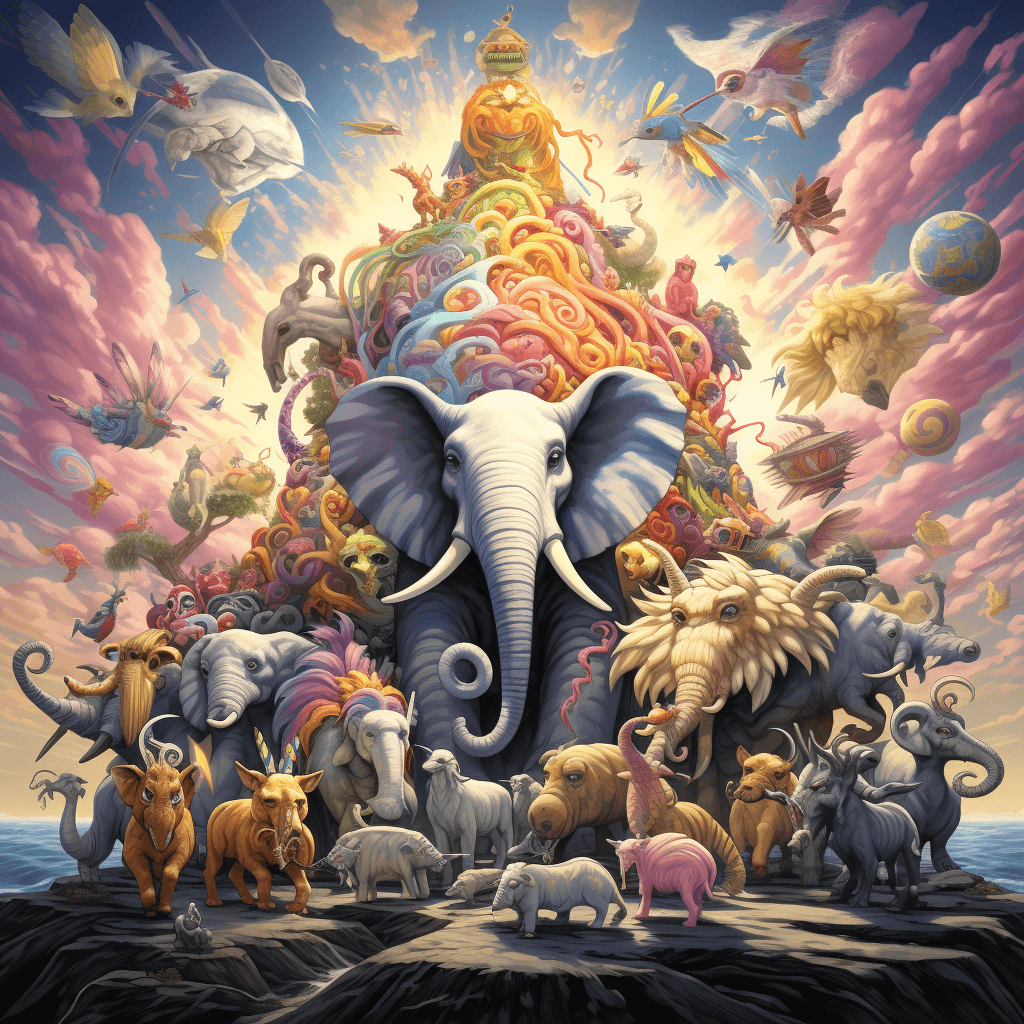 AI generated: a group of cartoon animals are surrounded by the sun, in the style of fantastical otherworldly visio...