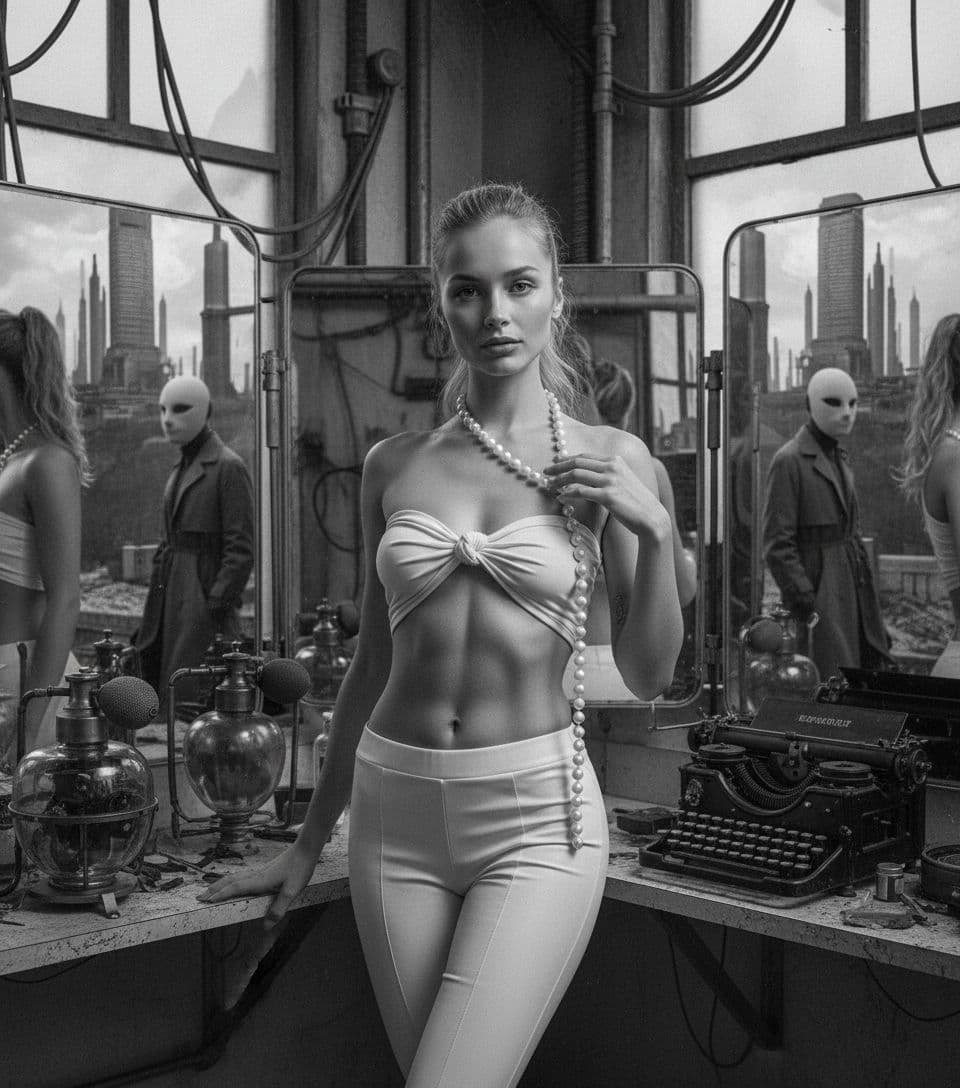 AI generated: dystopian style Black and white fashion photography of a young Cuban-Norwegian woman in her mid-twen...