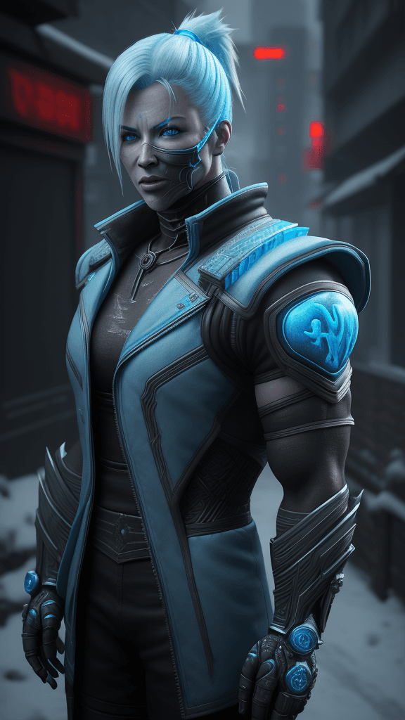 AI generated: Mortal Kombat Frost, cyberpunk, outdoor, street, ice blue, hyperrealism, photorealistic, 8k, unreal ...
