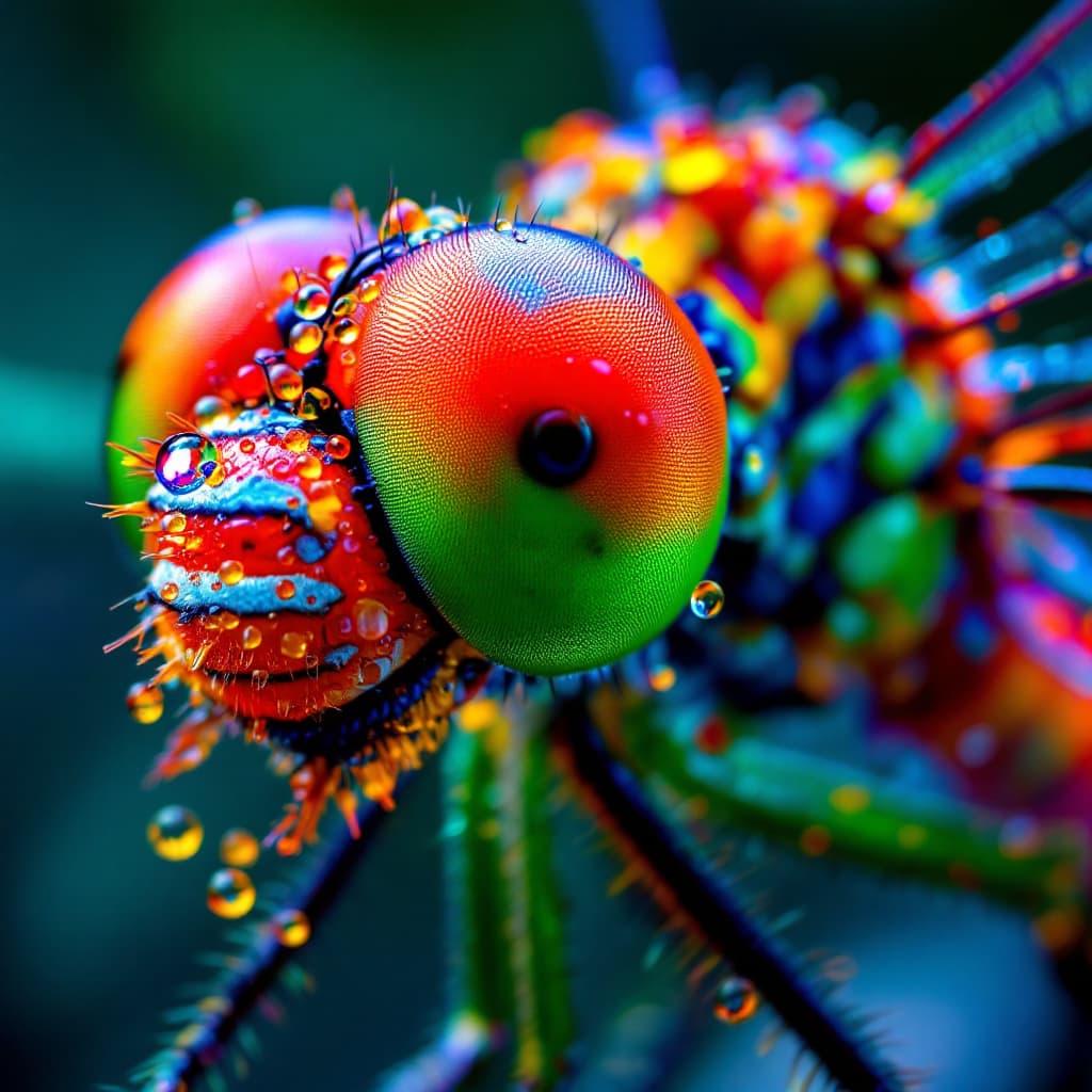 AI generated: Highly detailed side view macro shot of a dragonfly in vivid bright colours and droplets of water, e...