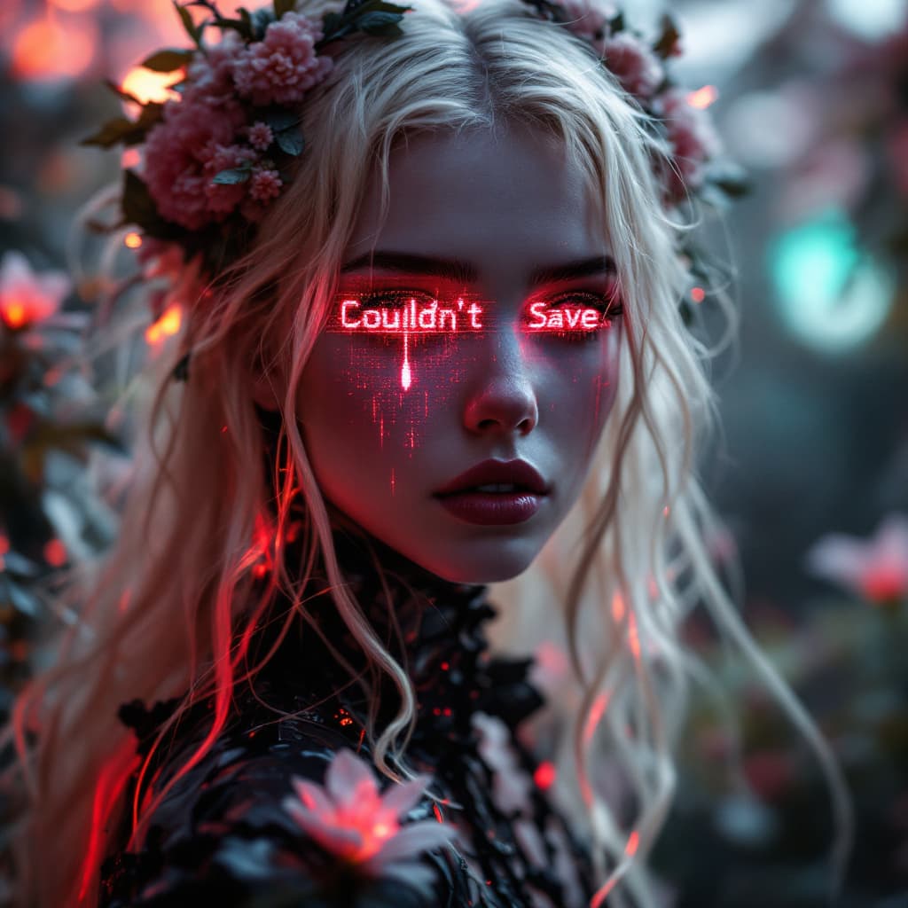 AI generated: Ultra sharp photography of a centre focused Blonde nymph cyborg with a pixelated teardrop on her fac...