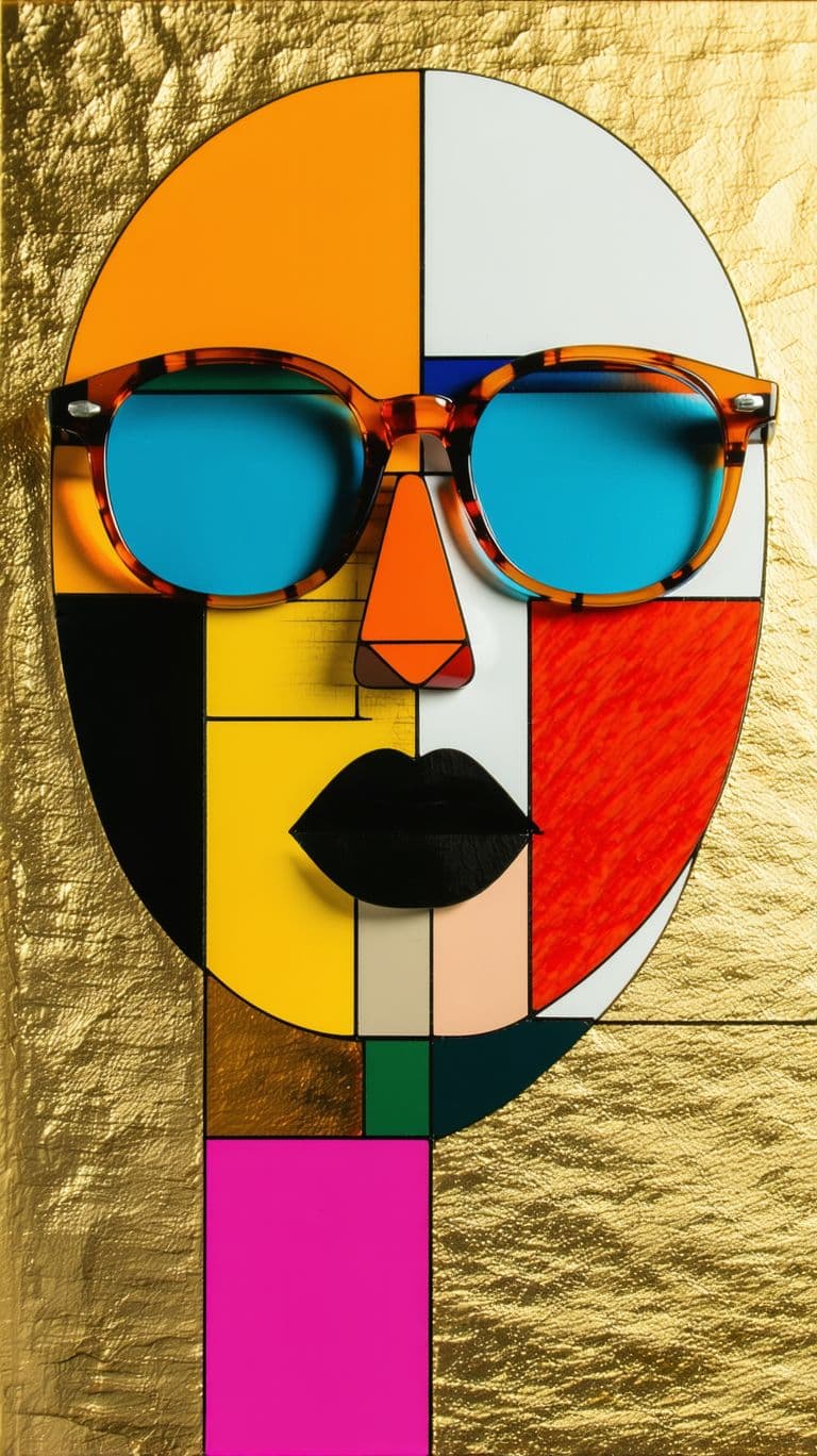 AI generated: this artistic creation featuring a face formed by colorful geometric shapes, including glasses, an o...