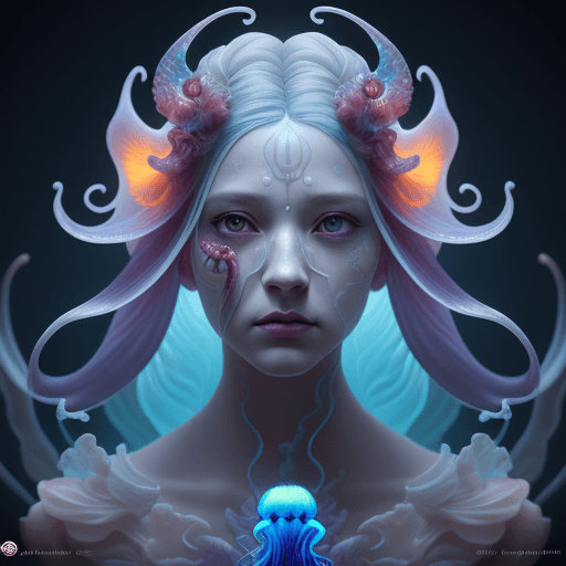 AI generated: Goddess close-up portrait ribcagel. jellyfish phoenix head, nautilus, orchid, skull, betta fish, bio...