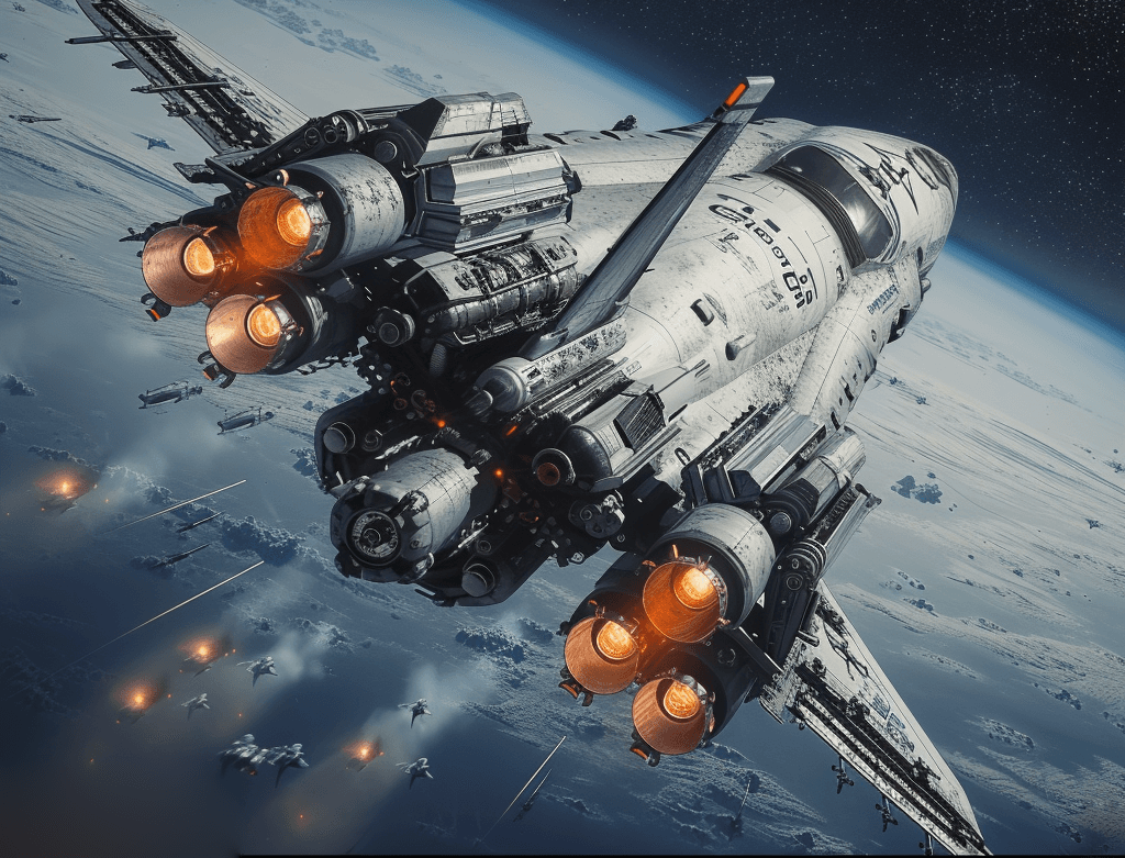 AI generated: in space, futuristic epic sci-fi, wide angle, men and women soldiers space marines with machine gun ...