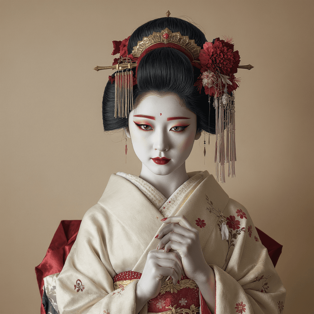 AI generated: Japanese geisha, hyperrealistic, in the style of Joel Robison, light white and dark crimson, Samyang...
