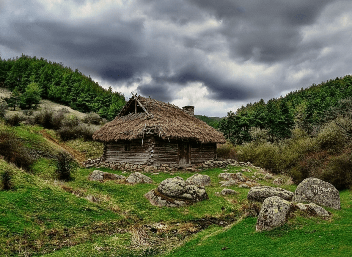 AI generated: old village hut on top of the mountain, Balkan, rocks in Bulgaria from the time of Turkish slavery