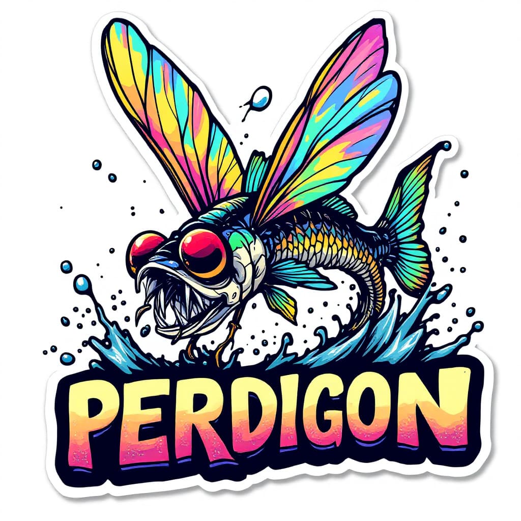 AI generated: A vibrant American comic sticker style vector logo of PERDIGON fly fishing lure, featuring exaggerat...