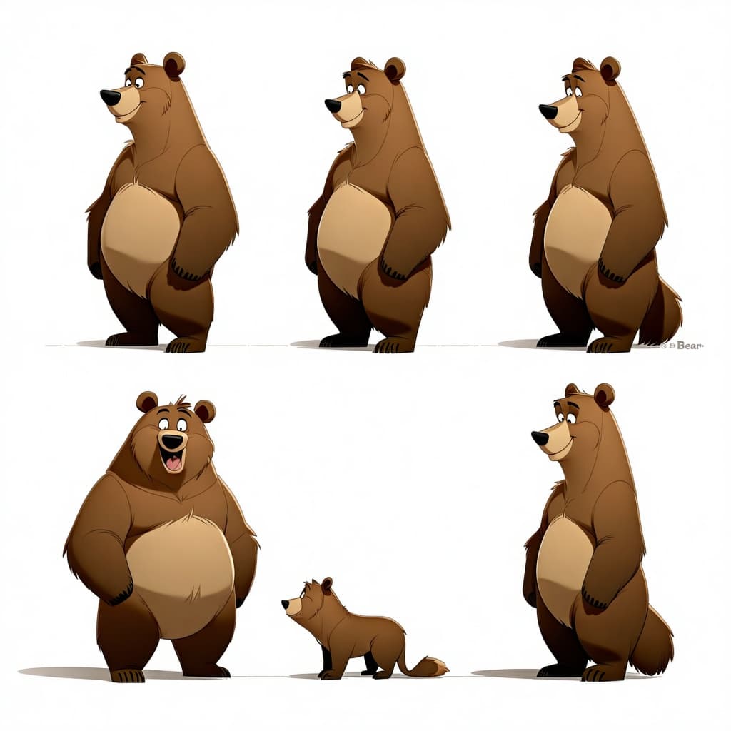 AI generated: character design for bear. maak meerdere poses. schetsmatisch als in de oude disney animatie schetse...