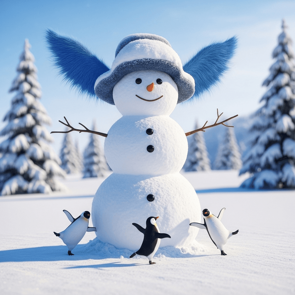 AI generated: un muñeco de nieve  con un sombrero enorme con nieve halas con pelo azul piernas con pinguinos baila...