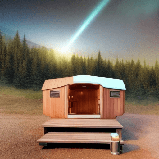 AI generated: a sauna on a trailer is running where also some ufos coming and want to beam the sauna away of the e...