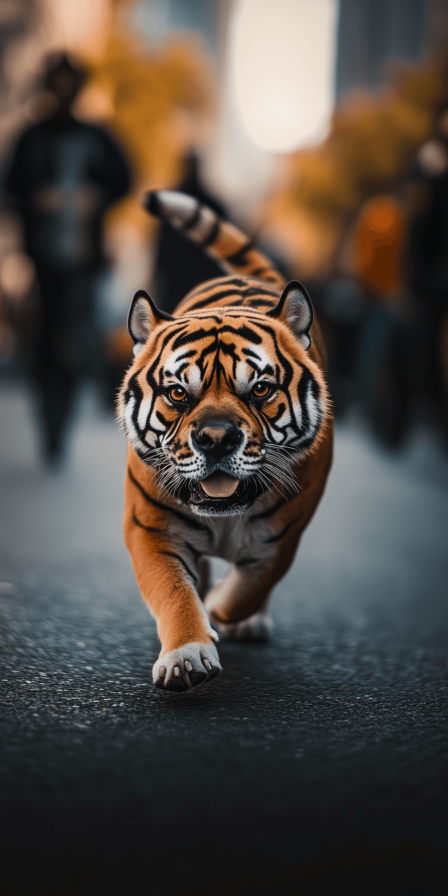 AI generated: Portrait photograph of a female dog dressed as a tiger, walking on city streets. Professionally phot...
