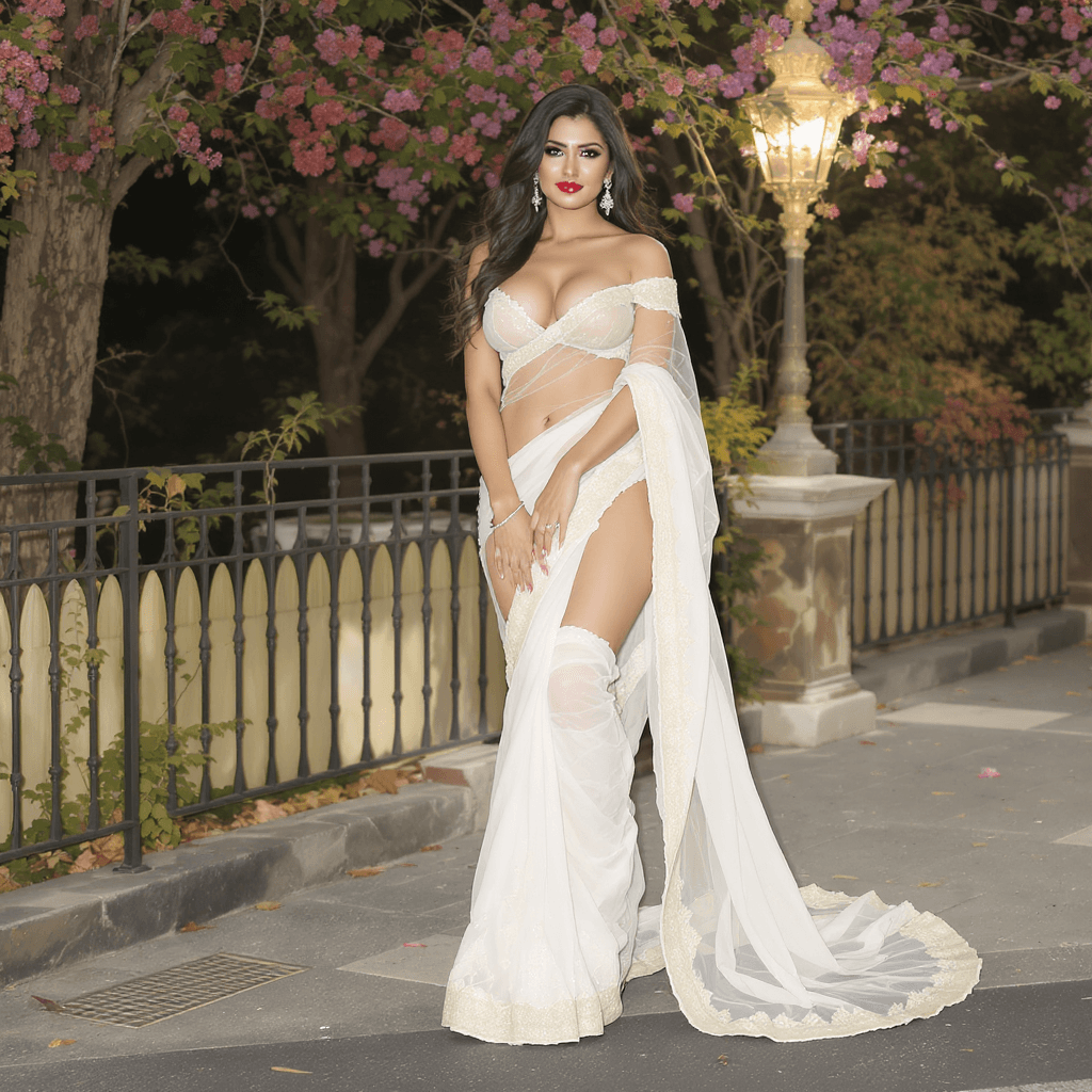 AI generated: busty fair indian in sexy white transparent saree with off shoulder blouse and high heels showing na...