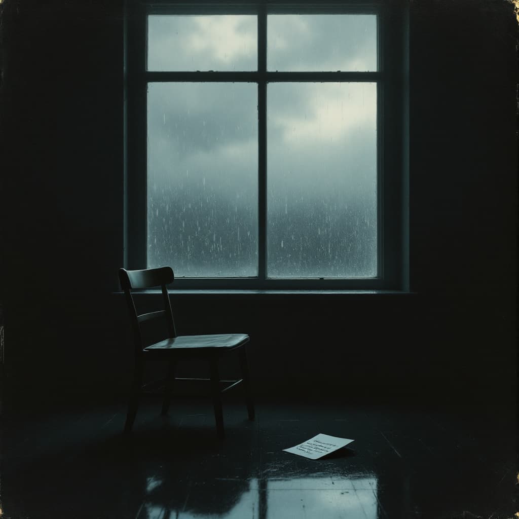 AI generated: A melancholic and emotional album cover featuring a dimly lit room with an empty chair facing a rain...