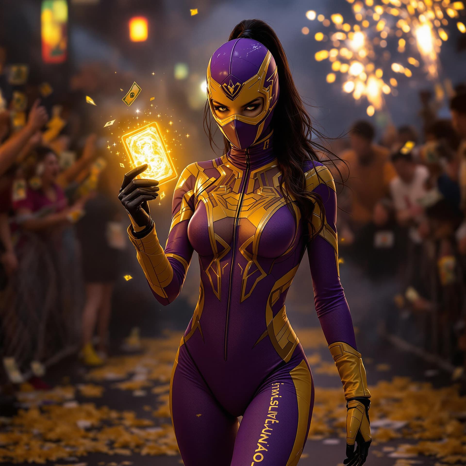 AI generated: A BEAUTIFUL MYSTERY GIRL IN A  PURPLE AND YELLOW TIGHT DETAILED SUPER HERO SUIT, NINJA, WALKING AND ...