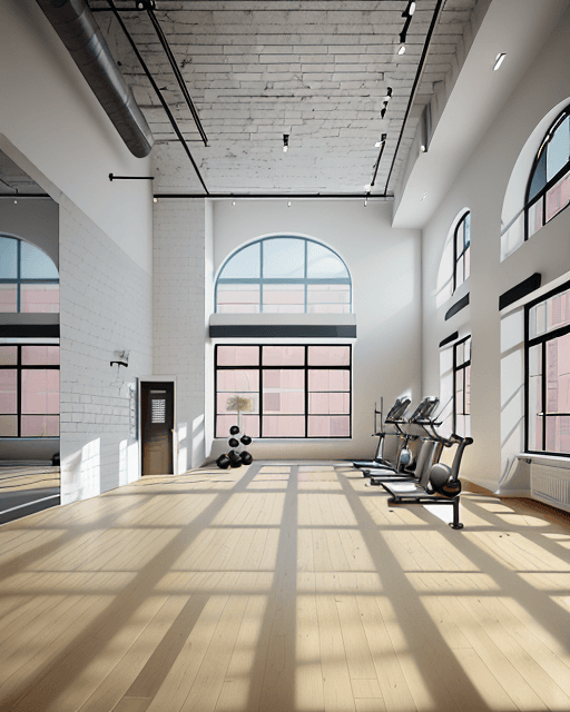 AI generated: High-resolution photography of interior design, of a gym inside a building with surrounding apartmen...