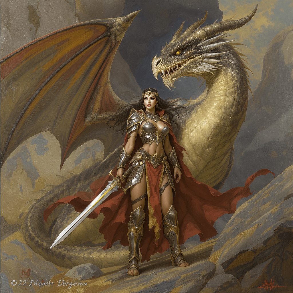 AI generated: A fantasy painting of an attractive female barbarian dressed in an Arab warrior style, battle armor,...