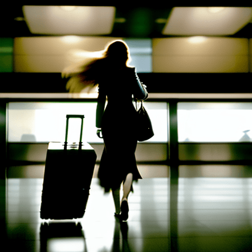 AI generated: back shot of a medium long haired woman at an airport walking with luggage, in the style of kodak 20...