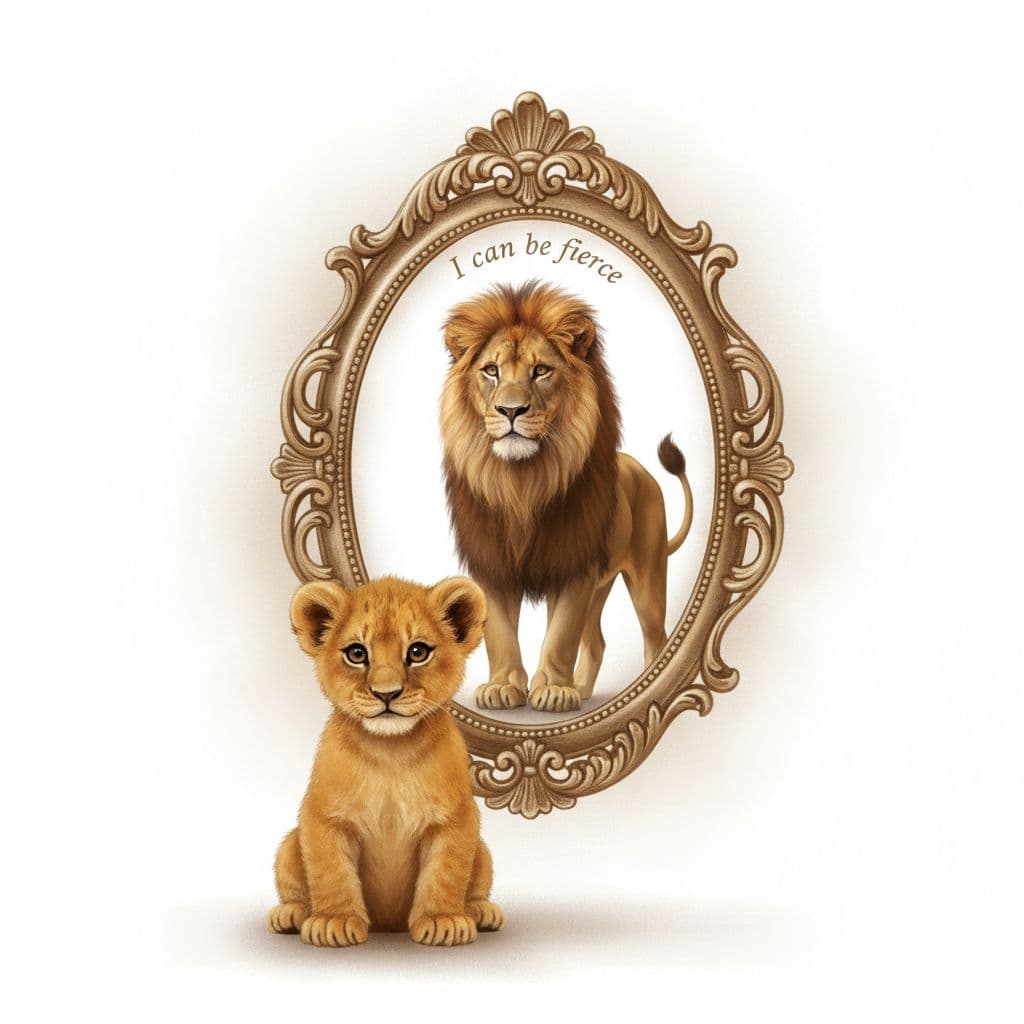 AI generated: A small, adorable lion cub with soft golden fur sits in front of an elegant oval mirror. The cub gaz...