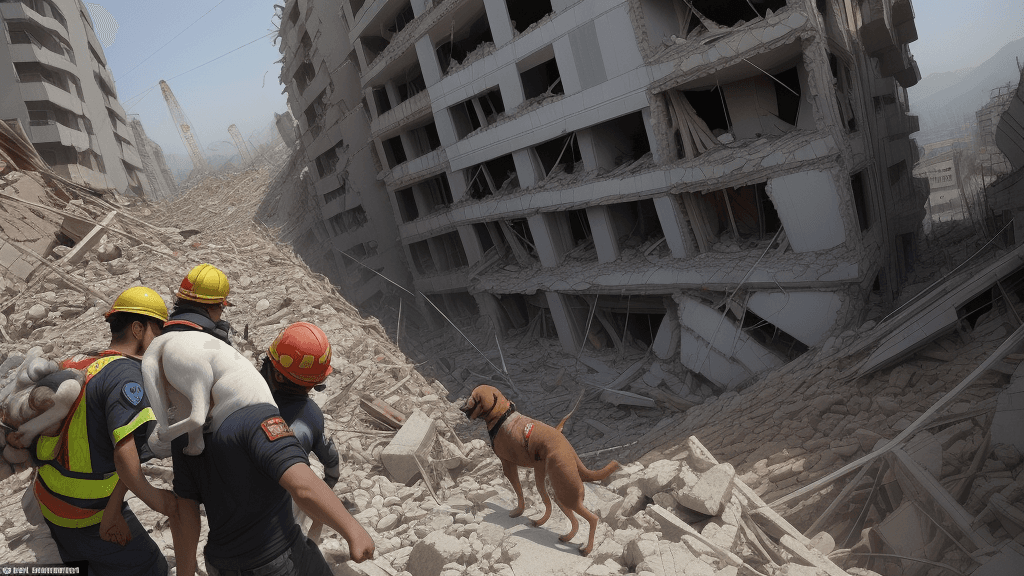 AI generated: following a huge earthquake, rescuers men dogs, cranes, seek
  survivors in the rubble