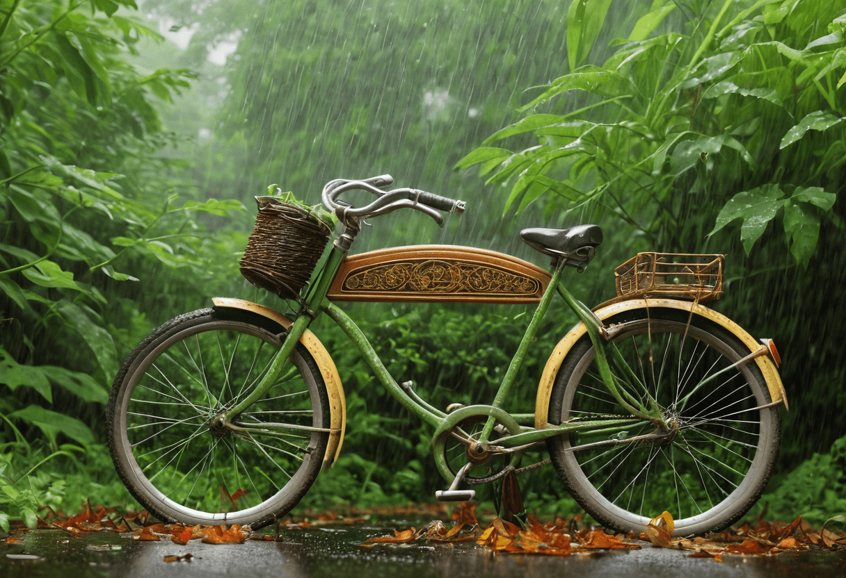 AI generated: (art by Grant Wood:1.3) and (Greg Simkins:0.8) , (old bicycle in the rain:1.2) with Obscene parts, s...
