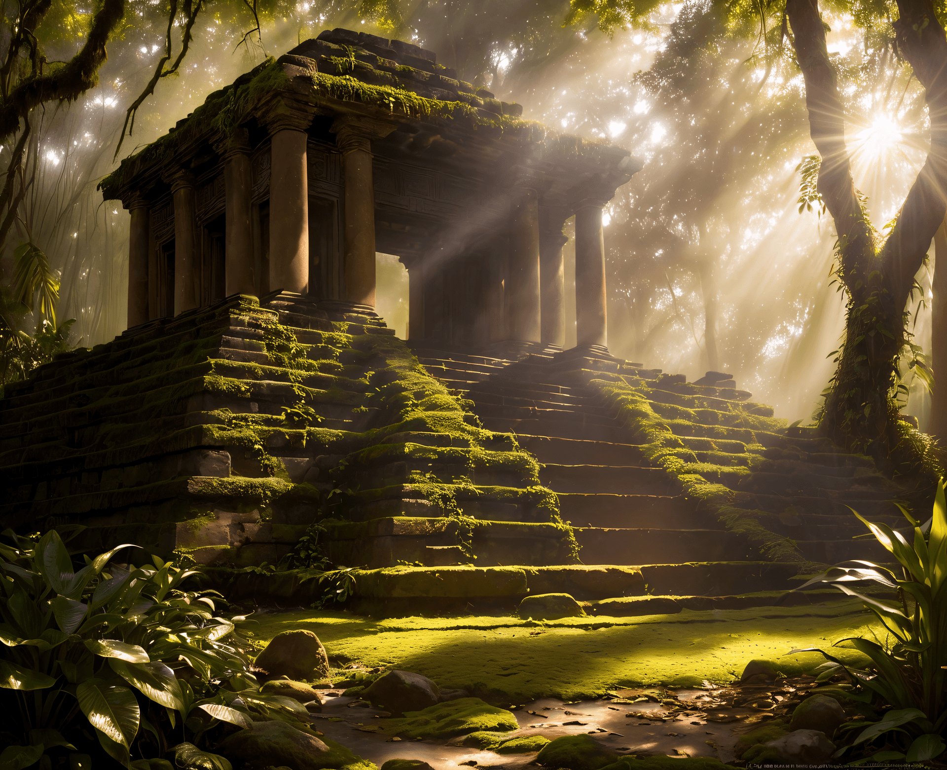 AI generated: (Masterpiece , Award Winning:1.2), Photo of a Hidden Ancient Aztec temple ruins, jungle, South Ameri...