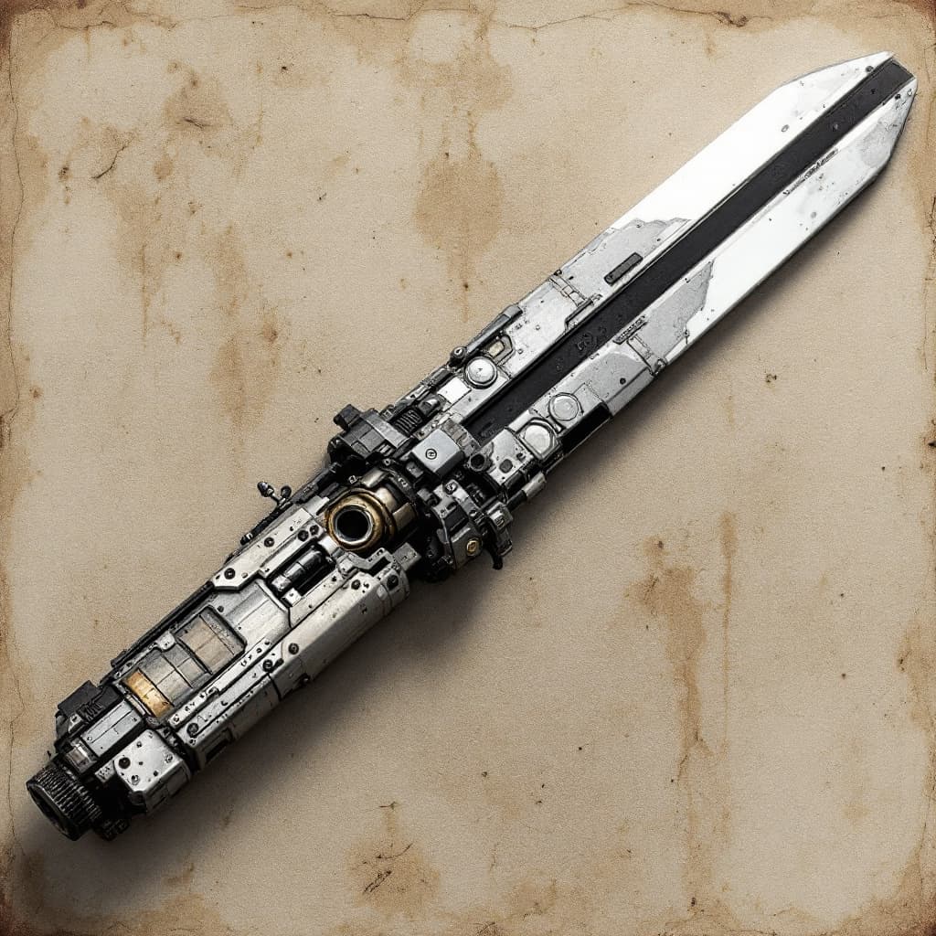 AI generated: a grey jedi lightsaber for a scavenger who has pieced together their weapon from various parts with ...