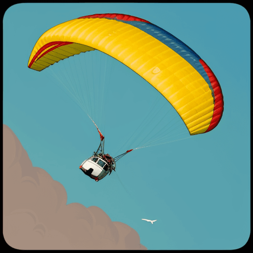 AI generated: Cartoon style. A paraglider pilot flying over a vintage airstream camper