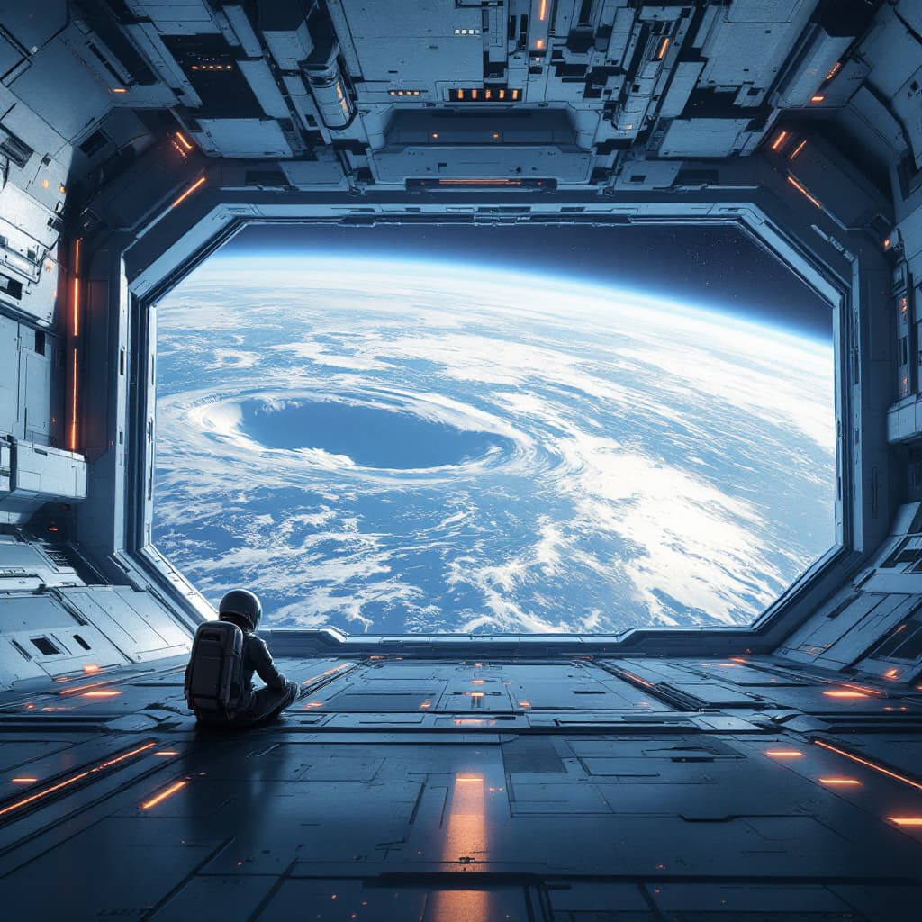 AI generated: illustration, sci-fi concept, small futuristic astronaut sitting at the threshold of a gigantic spac...
