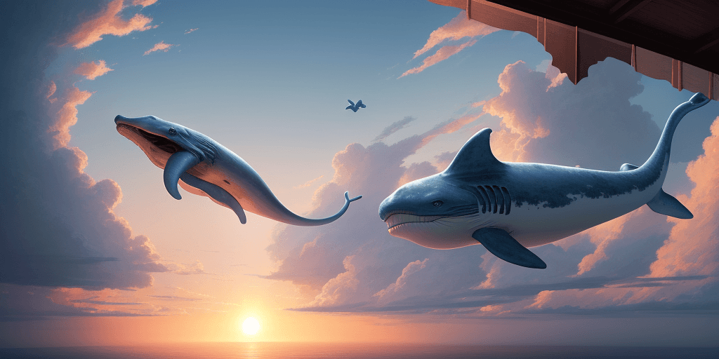 AI generated: High resolution photography interior design, dreamy cloud sky, blue whale flying, the sun at the sun...
