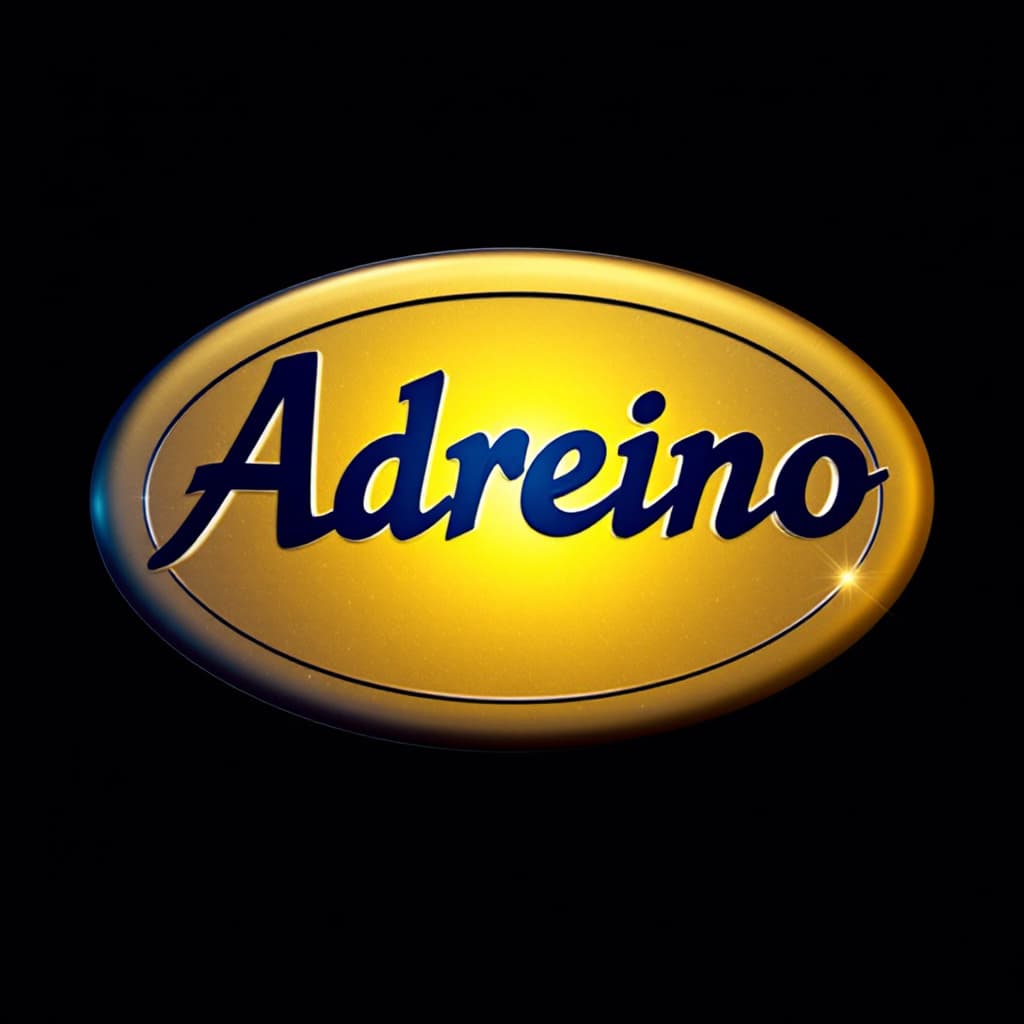 AI generated: 3D logo design featuring indigo text Adriano on a gold background. Include an oval around the letter...