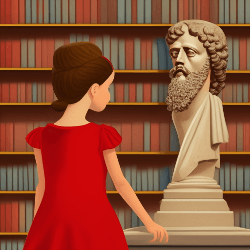 AI generated: children's book style illustration of a young girl with brown hair and a red dress, looking at a sta...