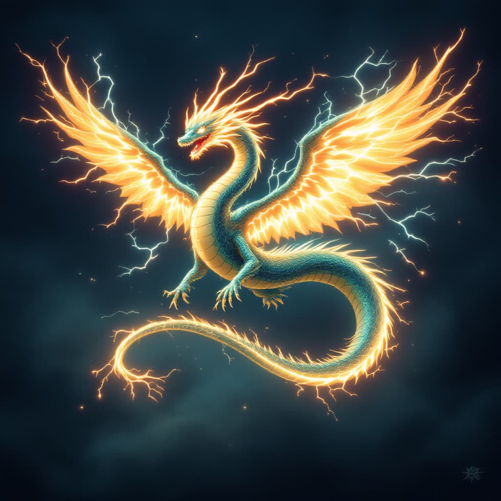 AI generated: a flying serpent with wings made of lightning