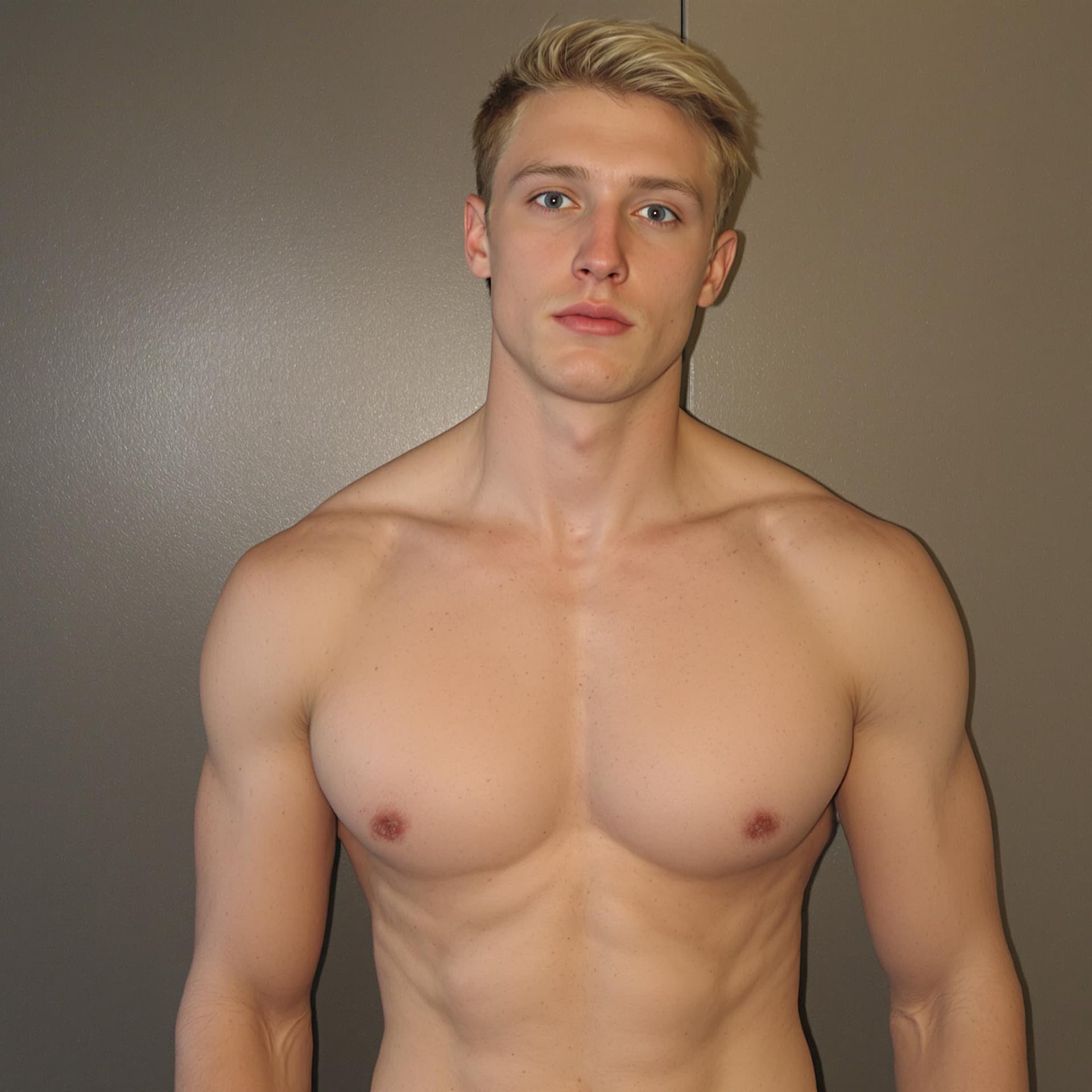 AI generated: A student with gynecomastia or puffy nipples to raise awareness. He will be seen from an angle towar...